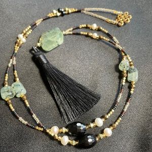 Long beaded Mala necklace tourmaline